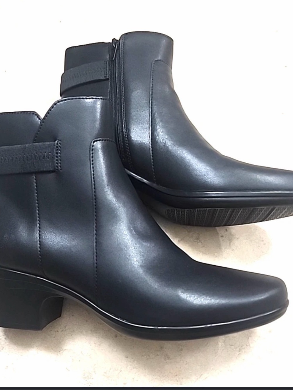 Clarks Black Leather Ankle Booties with Low Block Heel